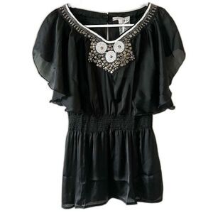 NWT Lucy Paris Flowy Black Tunic Ruffle Sleeve Boho BlouseTop SZ Medium